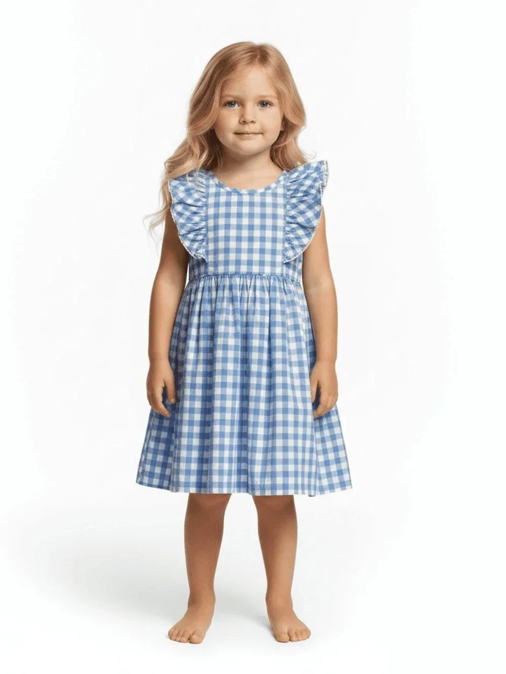 Tommy Bahama Dress Childs 5 Blue Gingham Sun Dress Button Close Ruffle Sleeve